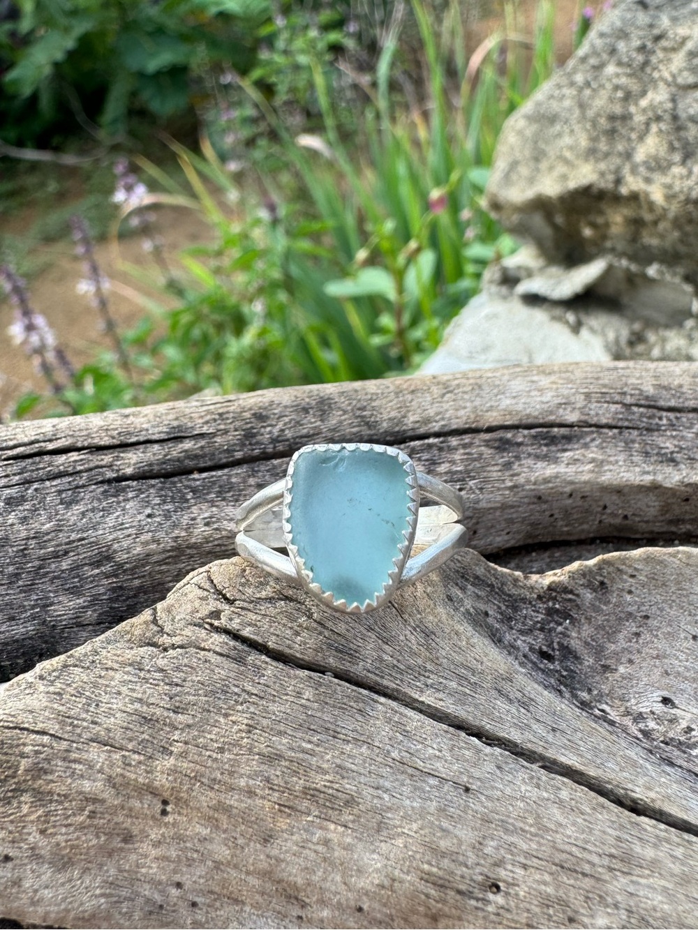 Hand Crafted Sterling Silver Ring with blue Sea Glass